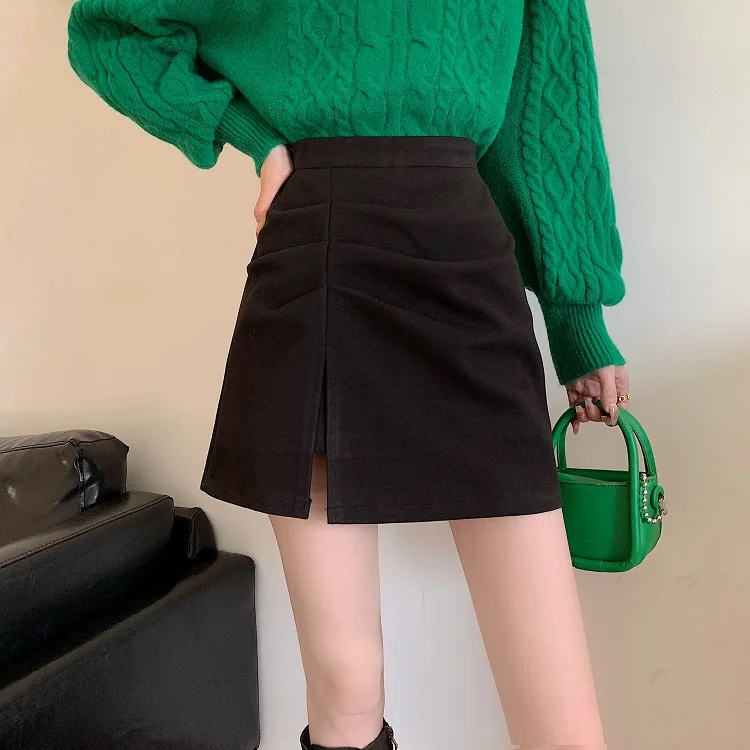 

High Waist A-Line Skirt for Women in Tweed Material with Slit Korean Sle ort Skirt Polyester Fabric Spring Autumn Ne...