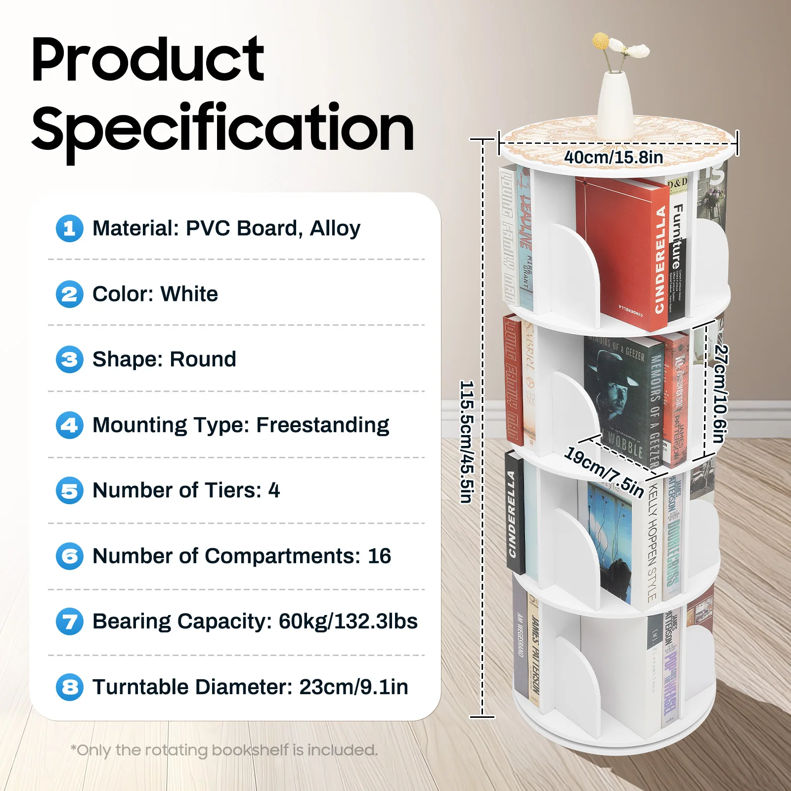4-уровневая вращающаяся книжная полка, несущая способность 132,3 фунта, регулируемая конструкция для спальни, гостиной, детского кабинета, игровой комнаты, офиса