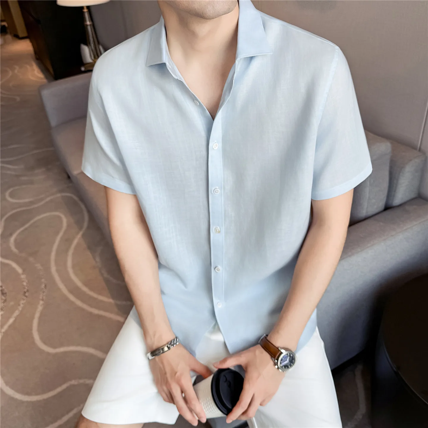 

Men's Short Sleeve Shirt Summer 30%Linen Blend Wide Spread Collar Loose Fit Breathable Casual Smart Shirt Lightweight