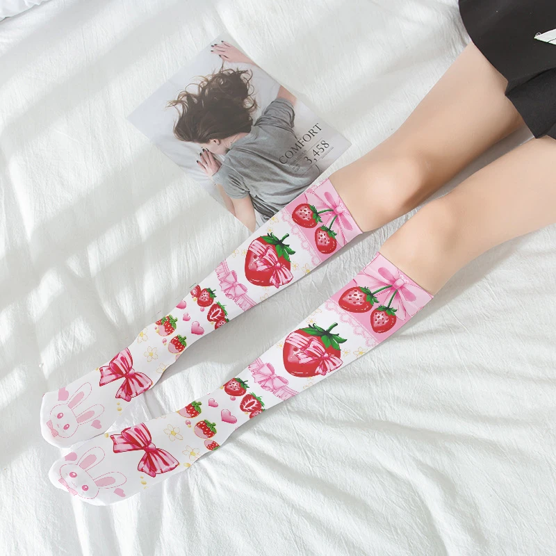 

Sexy Strawberry Print Ladies Stockings Cute Sweet Two-Dimensional Girl Casual Calf Socks Thin Pink Shy Medium Tube Stockings