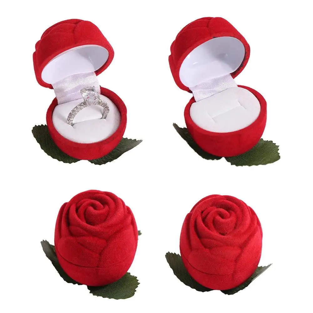 Red Flower Stem Romantic Wedding Ring Holder Velvet Stud Earrings Jewelry Box Solid Color Jewelry Packaging Engagement Rings Box