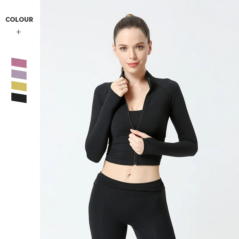 YOUNAXIN Women's Fitness Enthusiasts Nylon Cropped Yoga Jacket Full Zip Long Sleeve Slim Fit Workout Running Sports Jacket S-XL