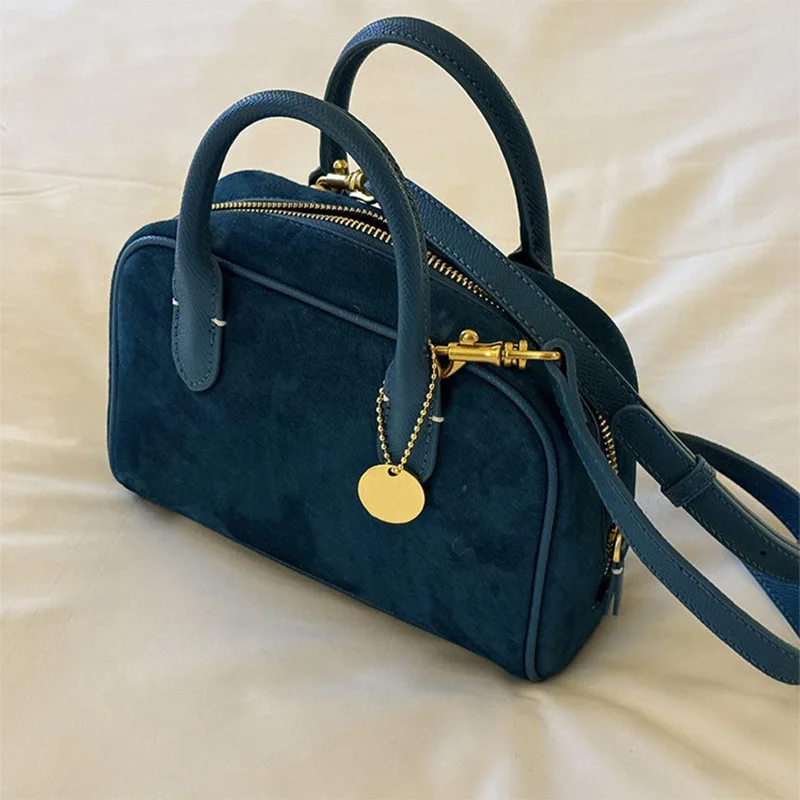 New Women's Fashion Suede Bowling Tote Bag 2025 Trend Small Luxury High-end Boston Chest Soft Handle Solid Color One-Shoulder Ba