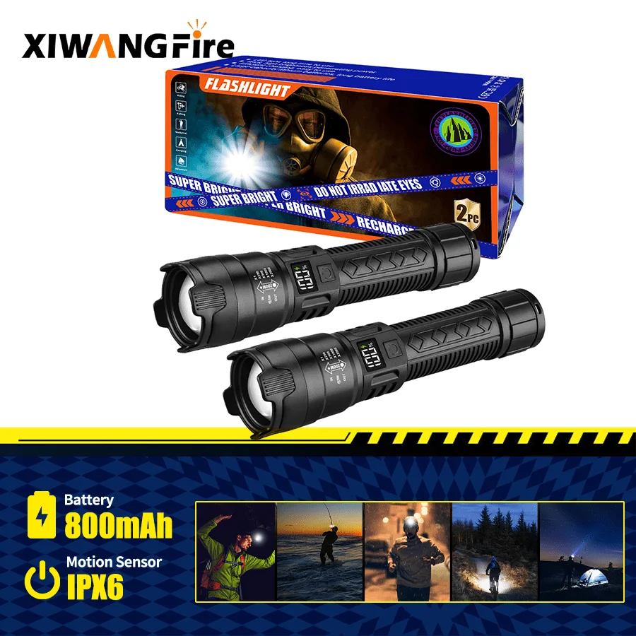 High Strong Power Led Flashlights 2000LM Tactical Torch with Display Light USB Charging Camping Fishing Emergency Zoom Lantern
