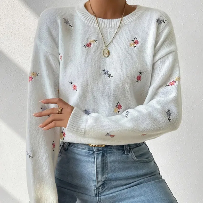 

2025 женские свитера с цветочной вышивкой, модные пуловеры с круглым вырезом, свободные вязаные джемперы с длинными рукавами, модные теплые свитера