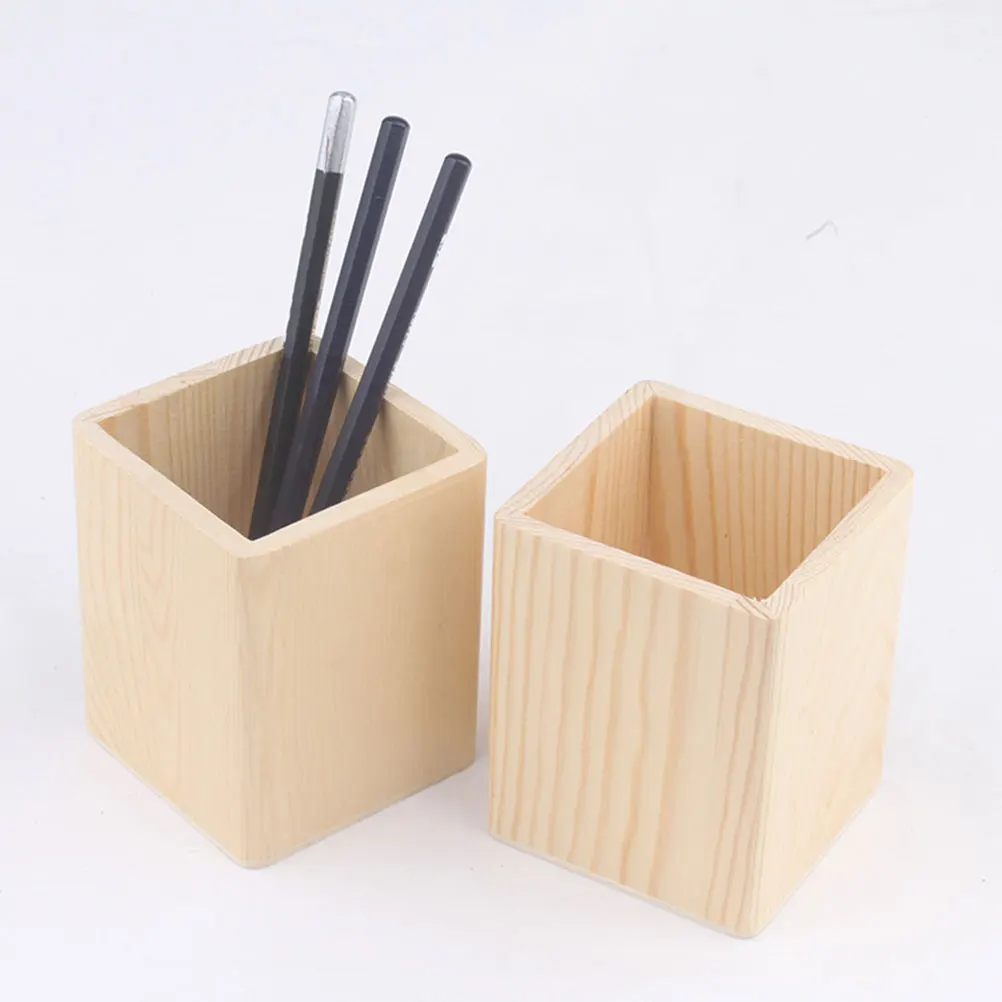 2pcs Pine Pen Holder Stationery Pencil Pot Wood Pen Holder Organizer Rustic Square Desk Accessories Pencil Cup Storage