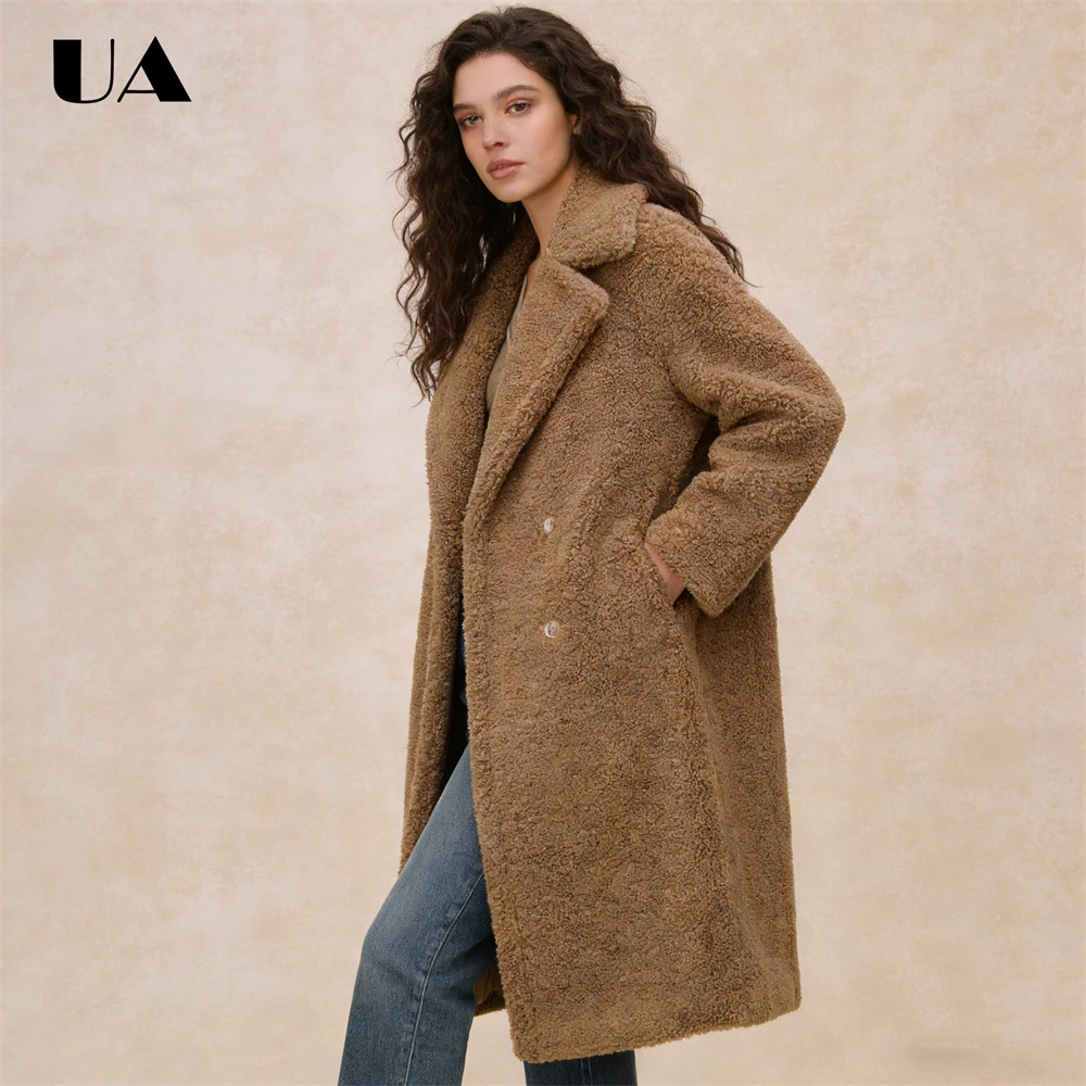 Women's Camel Fleece Coat Long-Sleeve Double-Breasted Lapel Oversized Warm Winter Outerwear Loose Fit Jacket Casual Coat