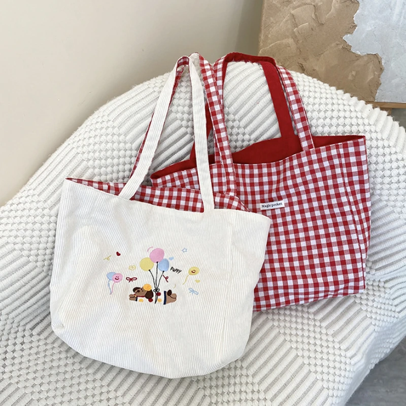 

Double Side Women's Corduroy Shoulder Bag Retro Plaid Female Commute Shopping Bags Lovely Cartoon Dog Ladies Casual Tote Handbag