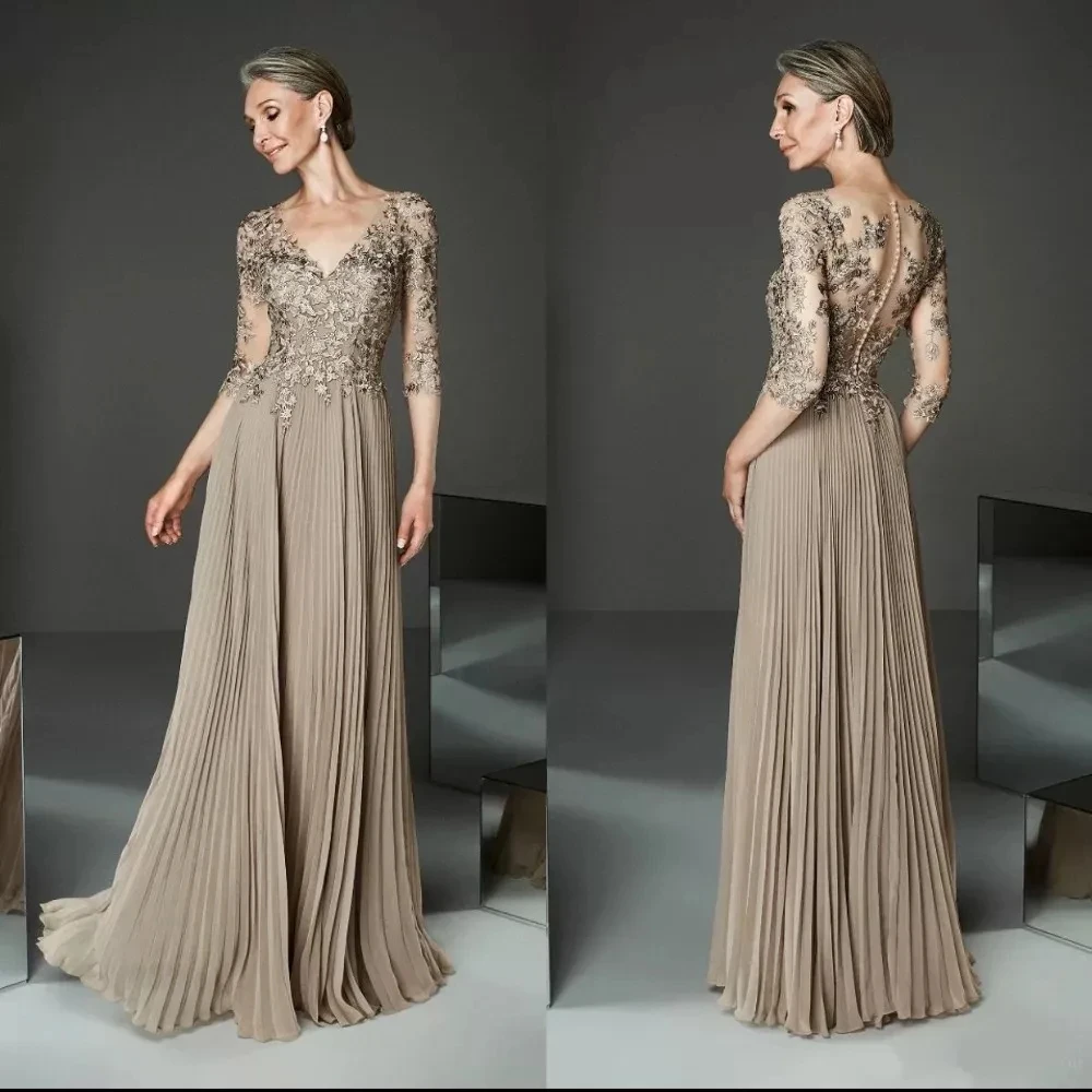 

Champagne Lace See Through Long Sleeve Sheer Neck Appliques Sequins Evening Dress Floor Length Chiffon Groom Mother Party GownYD