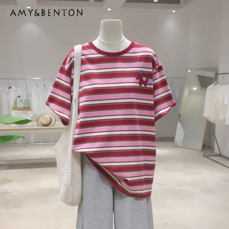 

Spring Summer New Cartoon Embroidery Loose Thin Versatile Medium And Long Cotton Striped Short-sleeved T-shirt Women's Y2k Top