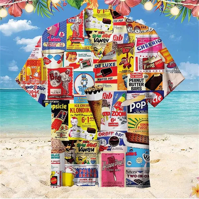 

2024 Hawaiian Shirt For Men Summer Ice Cream T-Shirt Hawaii Print Short Sleeve Shirts Tops Casual Original Design Men Clothing