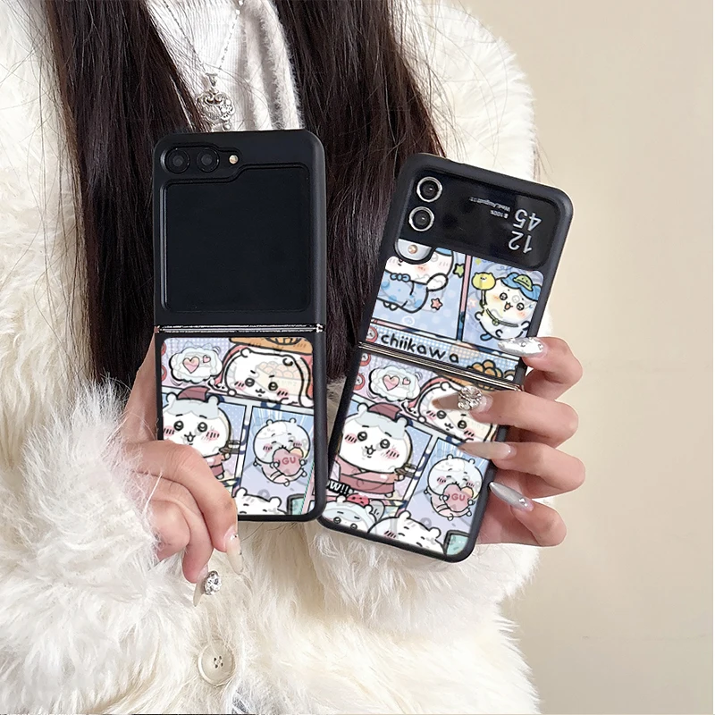 

C-Chiikawa Hachiware Luxury Anime 3D Grating Card Phone Case for Samsung Galaxy Z Flip 3 4 5 6 7 Z Flip 5 Flip6 Flip4 Back Cover