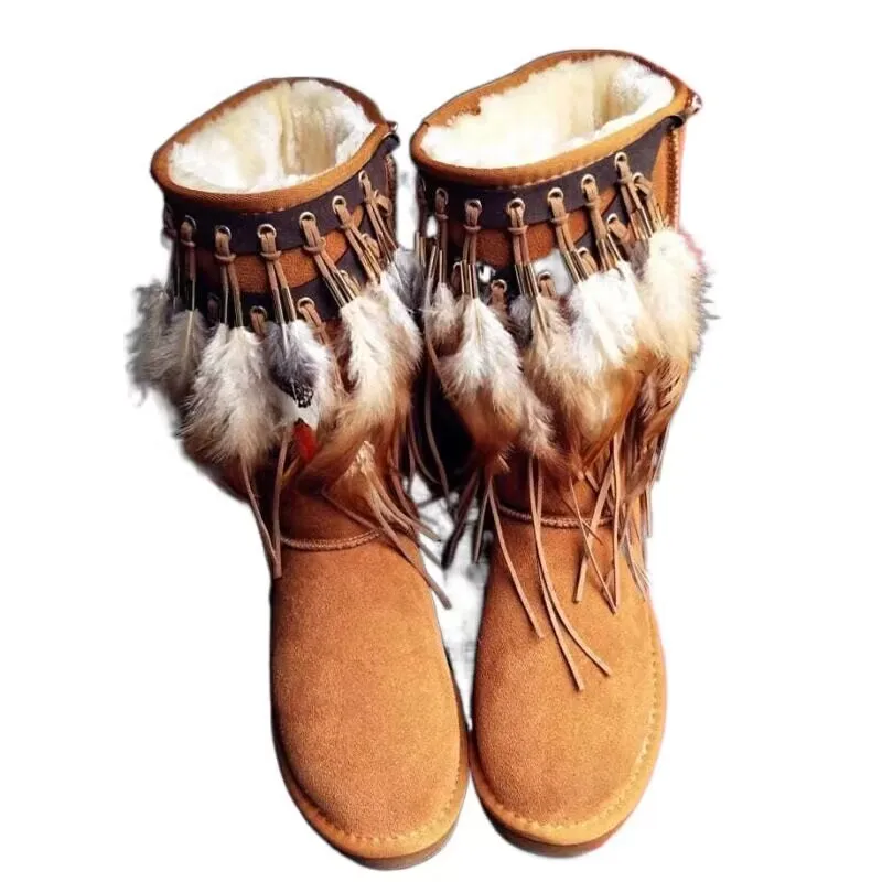 2024 New Ethnic style Feather Tassel Fur Winter Warm Snow Mid-calf Boots Women Round Toe Slip-on Flats Casual Shoes For Ladies