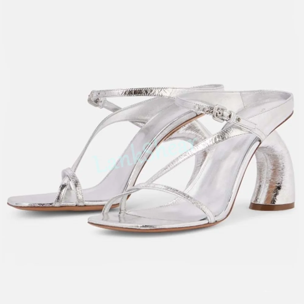 

Patent Leather Strange High Heel Sandals Square Toe Ankle Buckle Strap Fashion Sexy Women Dress Shoes Banquet Pary Brown Solid