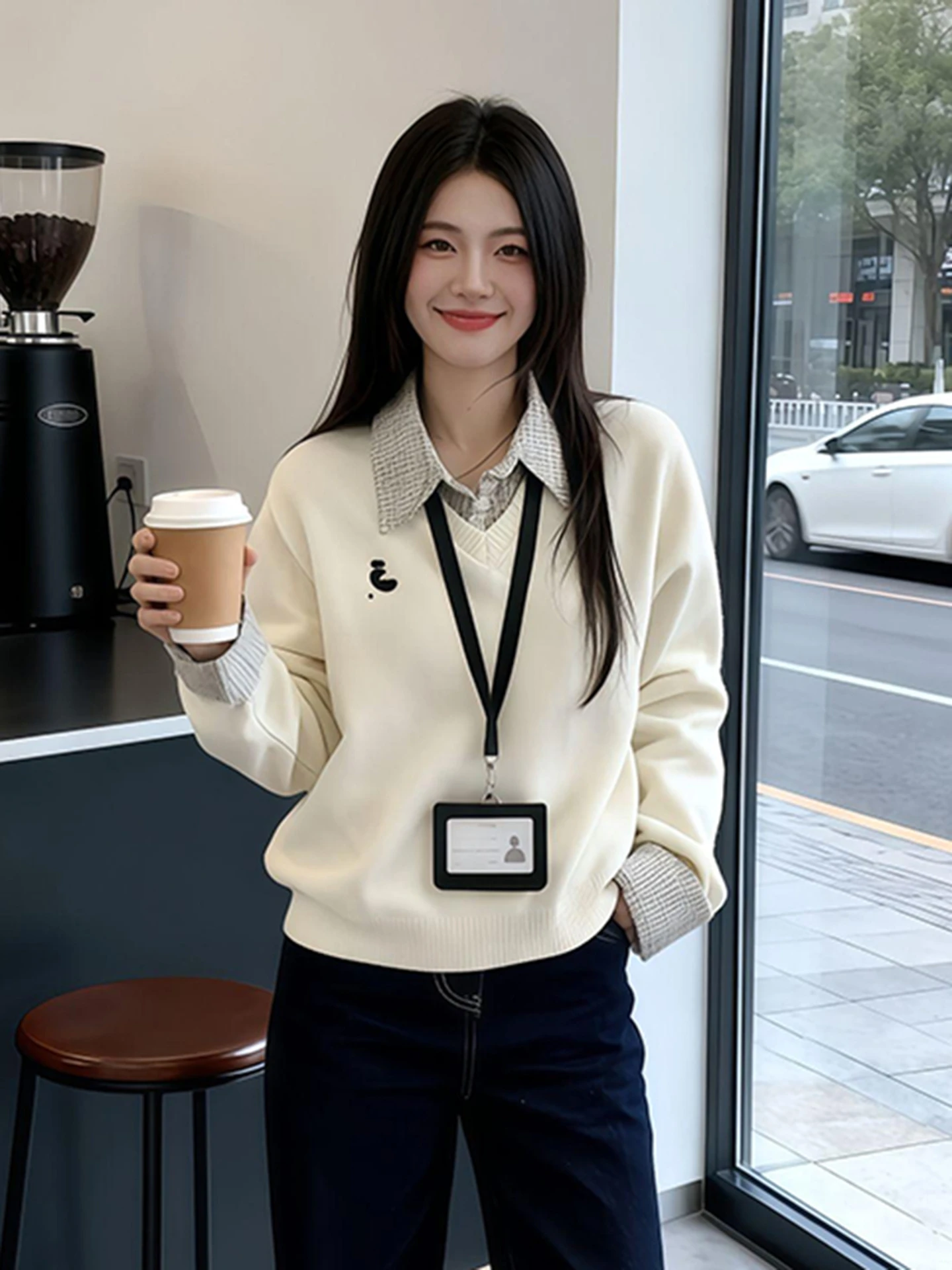 فضفاضة تناسب Ne متماسكة سترة المرأة الخريف الشتاء Faion تنوعا التخسيس كلية Sle أعلى الطبقات تصميم طويل Sve #2