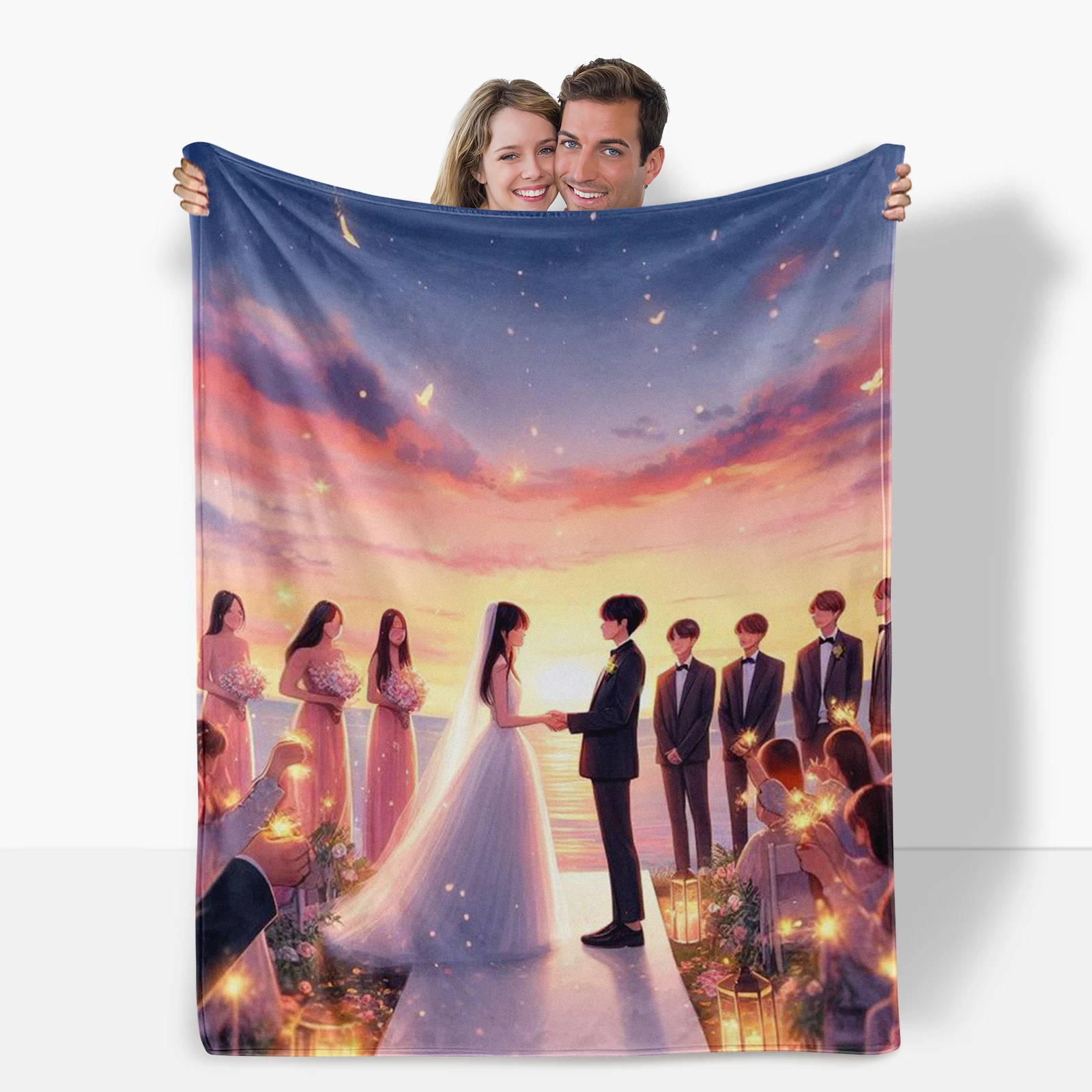 Adorable Cartoon Newlyweds In Wedding Ceremony Blanket, Ideal For Couples During Their Special Season.