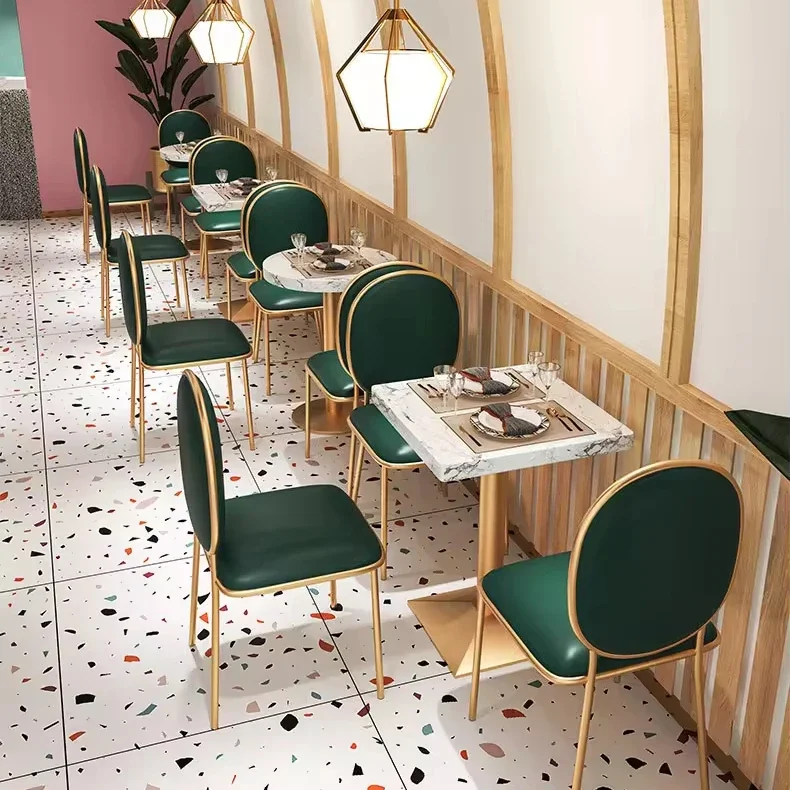 Wholesale Customized Light Luxury Restaurant Cafe Bakery Wood Table and Green Dining Chair with Metal Leg Double Booth Sofa Set