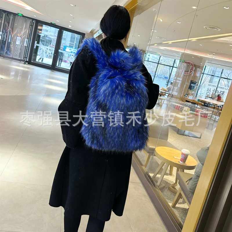 2023 Y2k Fluffy Backpacks Color Contrast Winter Travel Bags Outdoor College Student Fashion School Bag Faux Fur Backpack New