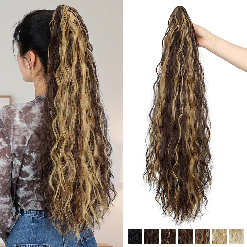 

Длинный волнистый синтетический хвостик на заколке для наращивания волос, водная волна, вьющийся хвост с кукурузной волной, объемный конский хвост для женщин, повседневная вечеринка, косплей