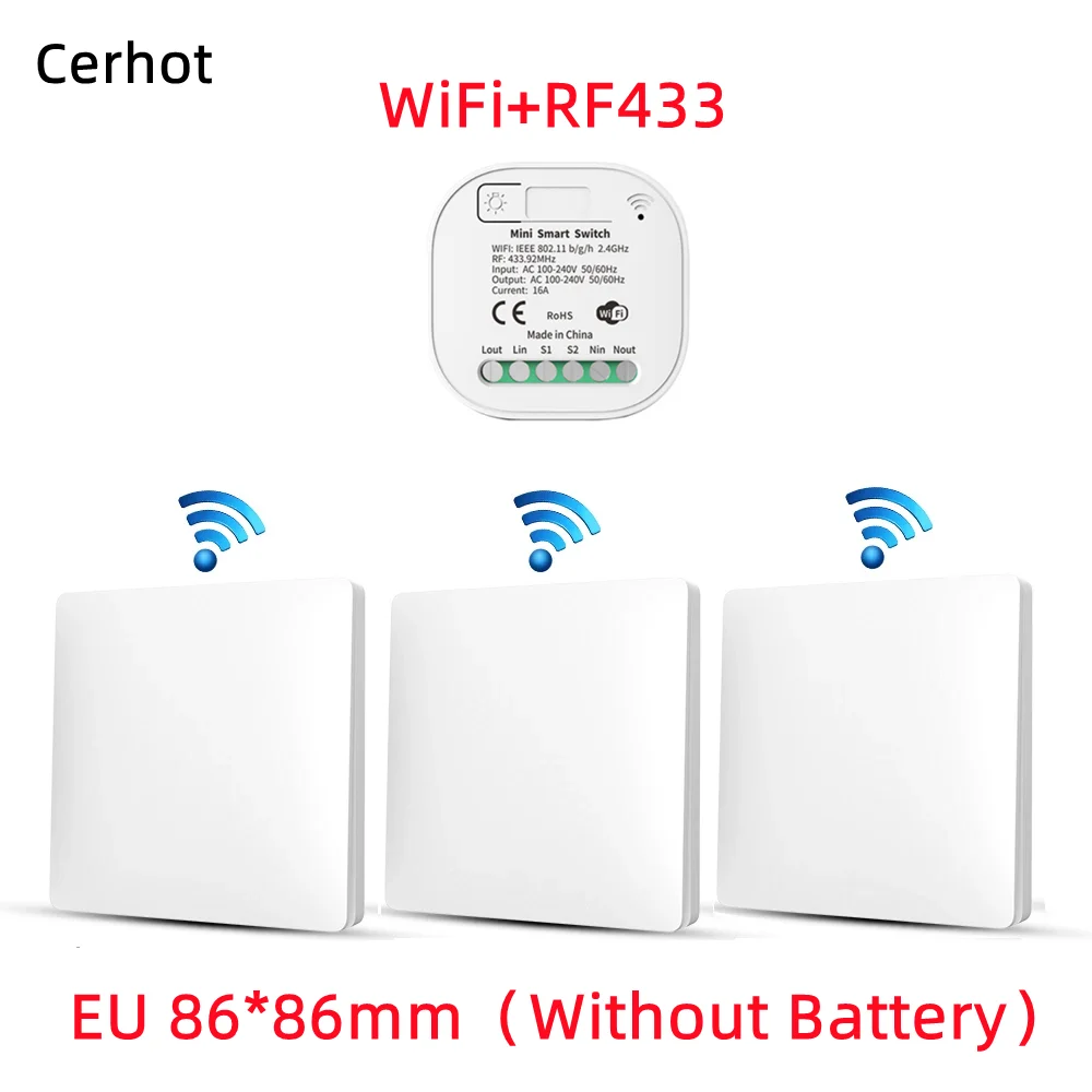 Tuya WiFi Smart Switch Set WiFi Wireless Remote Controller Timer No Battery Wall Panels Light Switch Work with Alexa WiFi Switch