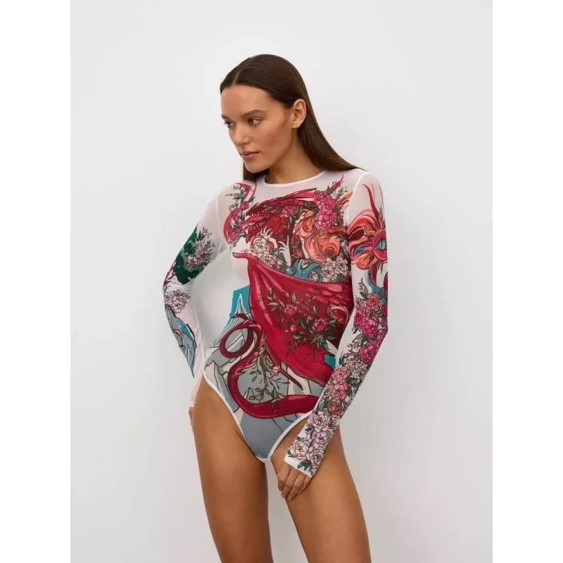 Women's Summer One-Piece Swimsuit Quick-Dry Long Sleeve Jumpsuit Bodysuit