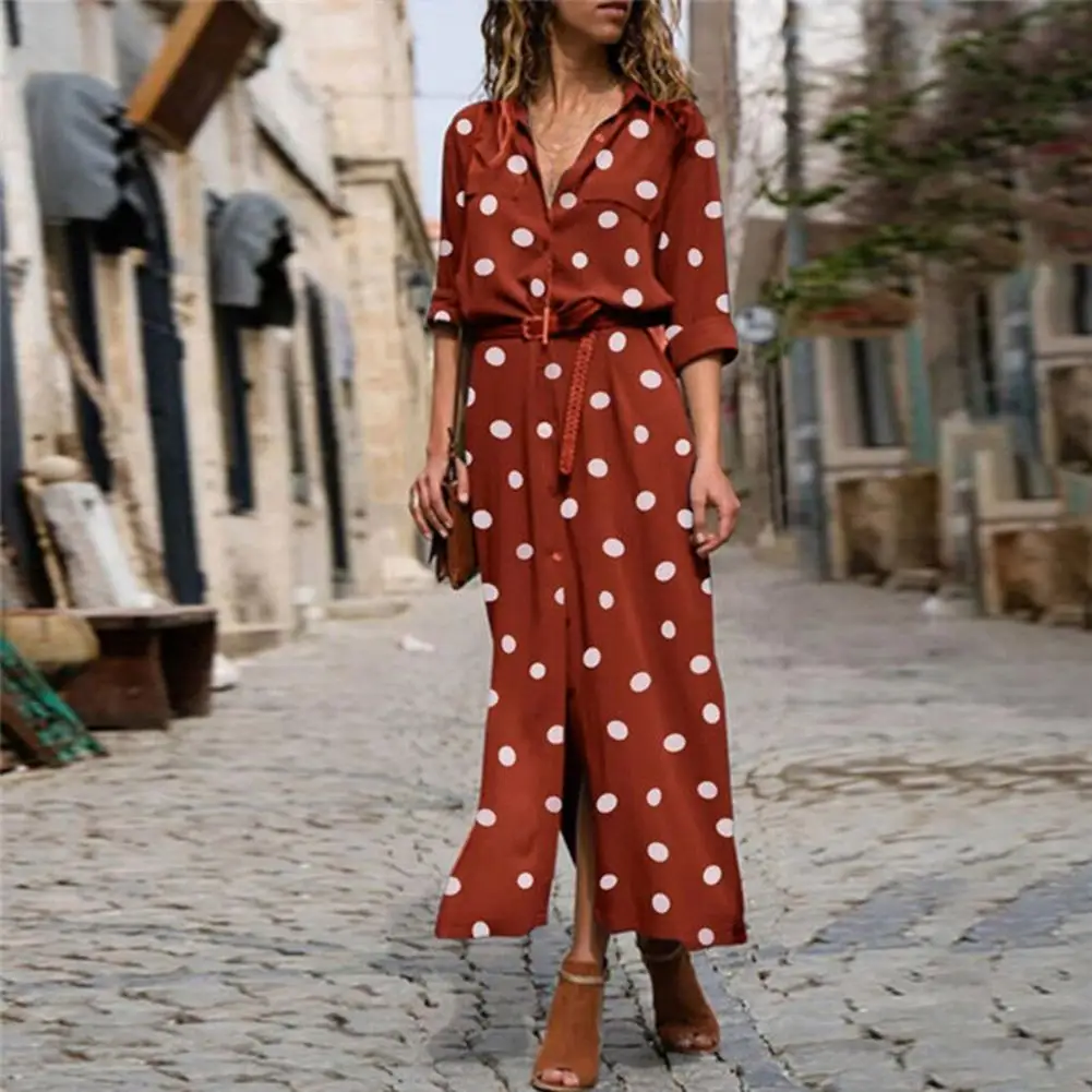 Robe Vintage à pois pour femmes, col rabattu, manches longues, ourlet fendu, Maxi, simple boutonnage, vêtements féminins