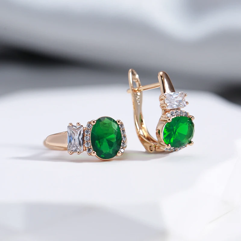 Cute Green Natural Zircon Stud Earrings For Women SYOUJYO 585 Rose Gold Color White Stone Daily Easy Matching Fine Jewelry Gift