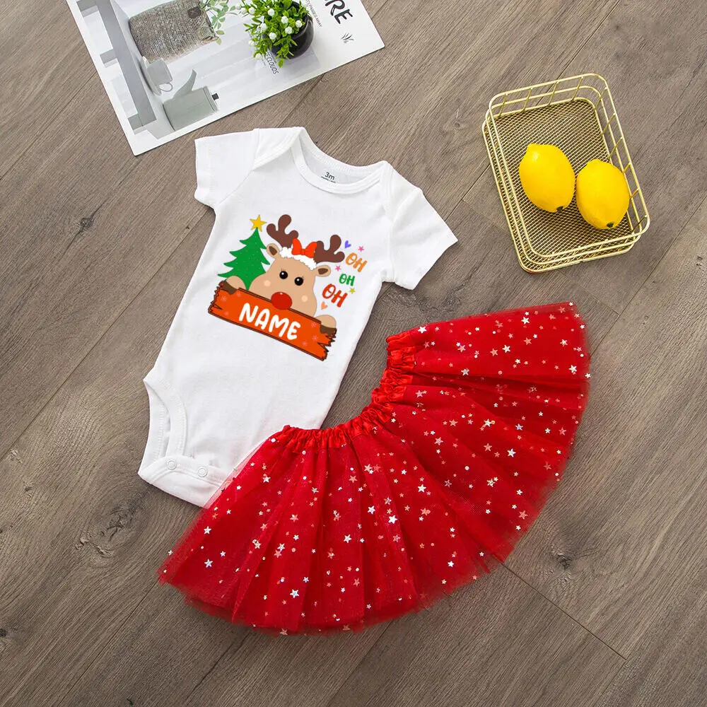 Personalized Christmas Baby Girl Romper + Dress Set Custom Name Red Tutu Cake Dresses & Romper Outfit Toddler Girl Xmas Jumpsuit