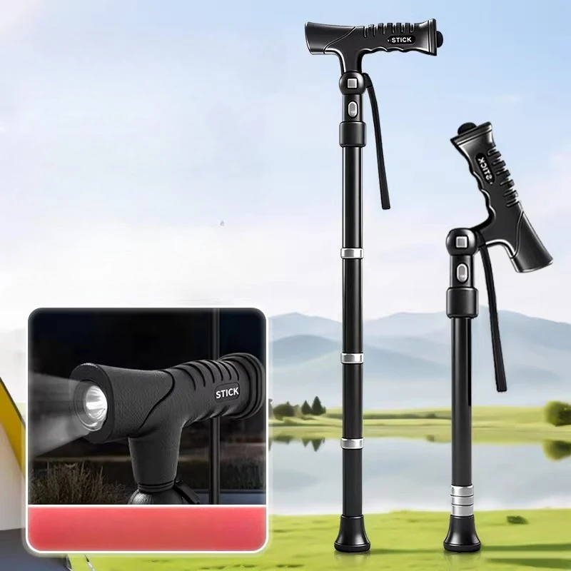 

LED Lights Adjustable Handle Walking Stick Retractable Trekking Pole Titanium Aluminum Alloy Walking Cane Elderly Elegant Crutch