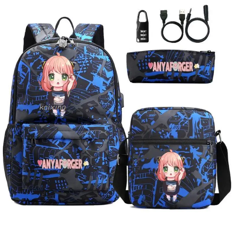 Mochila de Anime Spy X con Usb para la familia, morral deportivo para estudiantes y adolescentes, Bolsa Escolar de viaje para ordenador portátil, 3 unidades por juego