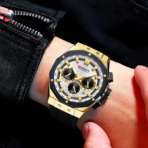 Imagen 2 del producto Reloj cronógrafo CURREN para hombre, esfera de 45 mm con subesferas cronógrafo, manecillas luminosas, relojes de pulsera de cuarzo de lujo con correa de silicona