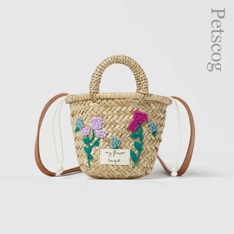 Floral Embroidered Straw Bag For Girls Cute Mini Top-handle Handbags Summer Fashion Beach Shoulder Bag Bohemian Messenger Purse