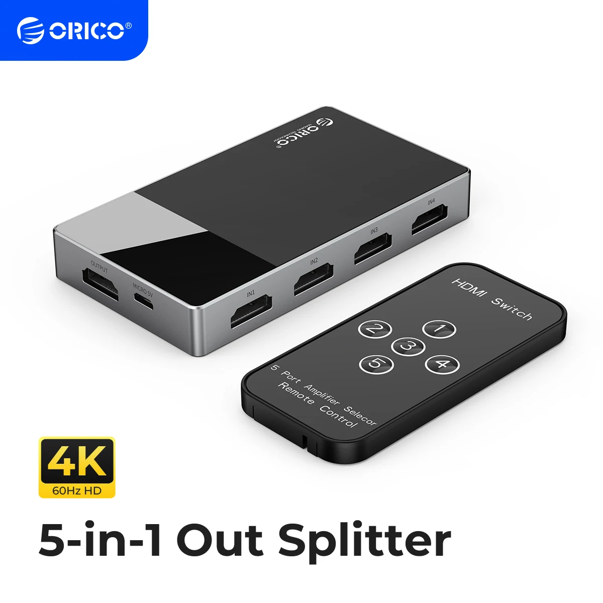 ORICO HDMI-compatible 2.0 Switch 5 In 1 Out 4k@60HZ Switcher Converter for TV PS5 Xbox PC Fire Stick With IR Remote Control