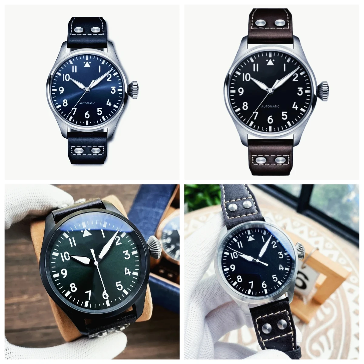 

New Arrival Brand New Men Pilots Automatic Mechanical Watches Fashion Big Green Black Layout Durable Brown Leather Strap 46mm