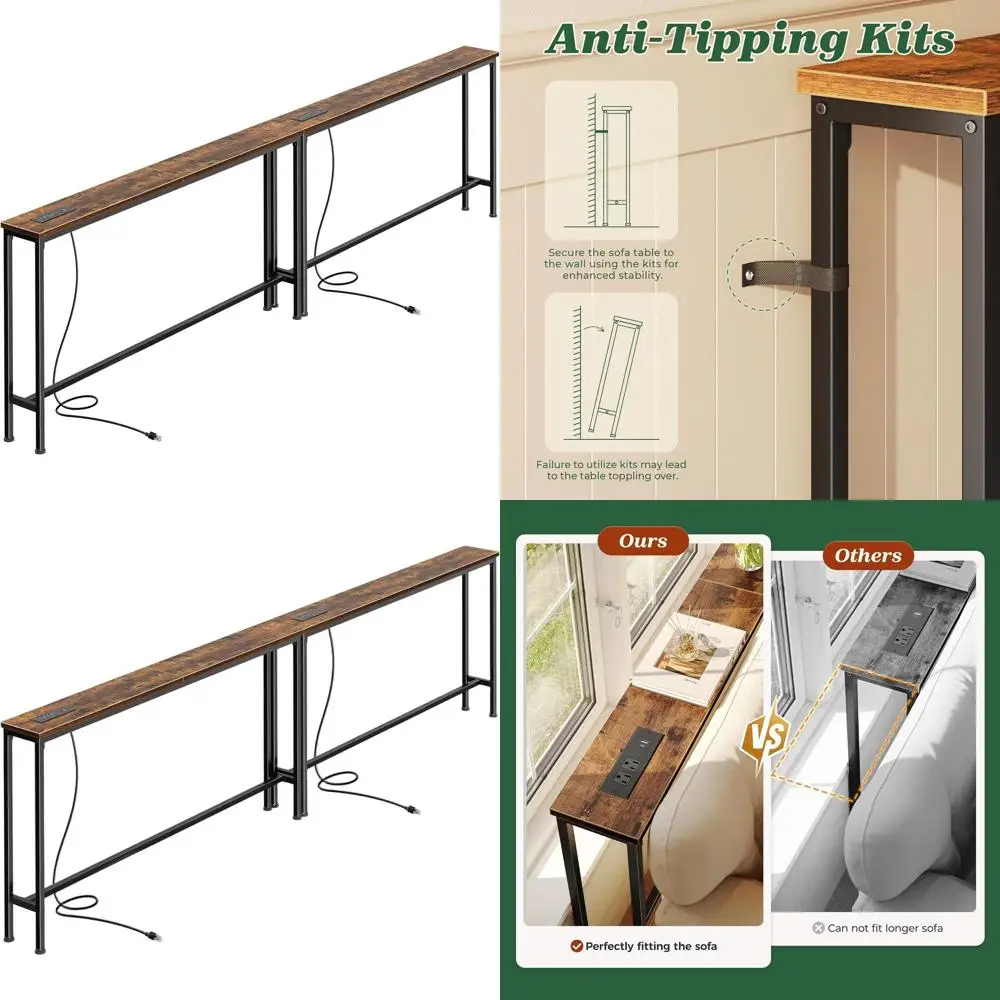 

Консольный столик 102.4 Rustic Brown с портами USB-C и электророзетками, тонкий (5.9 дюйма), с местом для хранения, идеально подходит для прихожей, за диваном, в небольших помещениях, гостиной.