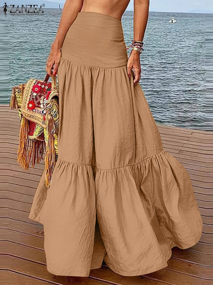 

ZANZEA Fashion Multi-layer High Waist Jupe Women Solid Maxi Skirts 2025 Summer Holiday Beach Overskirt Casual Loose Pleats Jupes