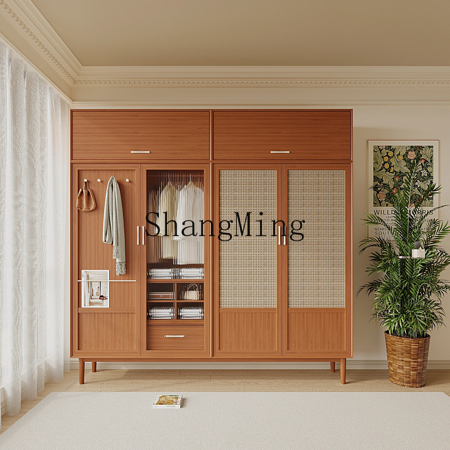 

CL style solid wood rattan storage locker wabi-sabi double door coat cabinet