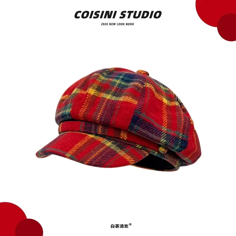 

New Retro Contrasting Color Plaid Octagonal Newsboy Hats for Women Autumn and Winter Casual Warmth Versatile Literary Berets