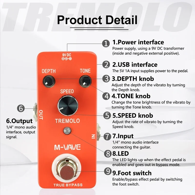 

M-VAVE Tremolo Electric Guitar Effect Pedal Classic Tremolo Effect Zinc Alloy Shell True Bypass Effects Pedal Guitar Accessories