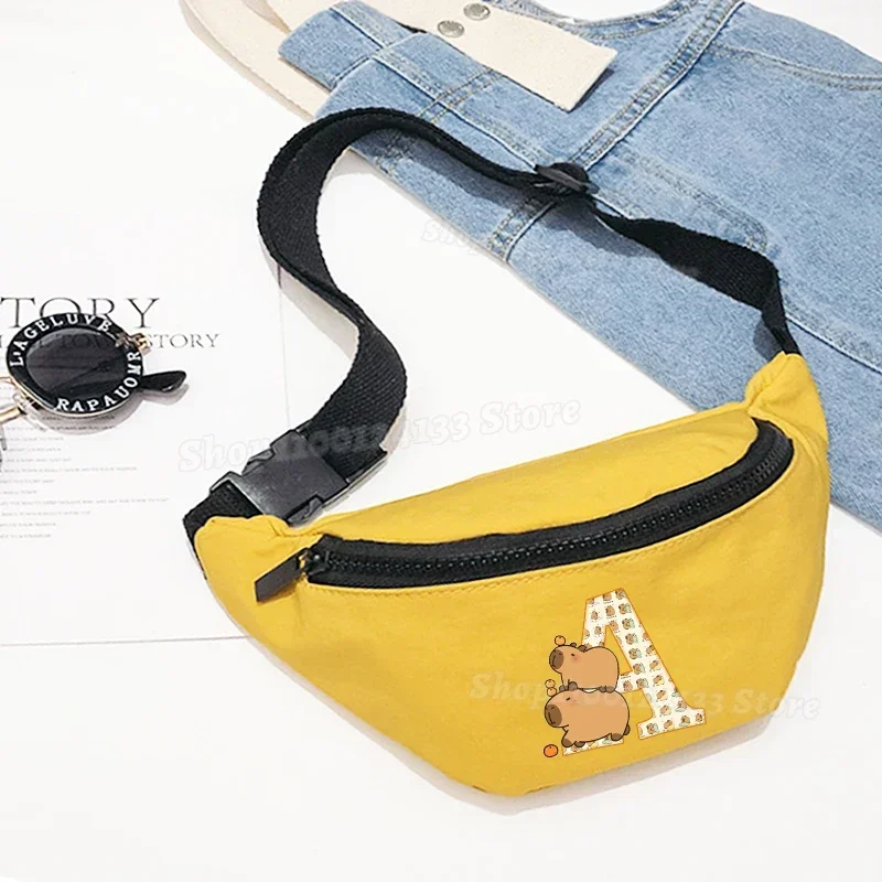 

Capybara Student Waist Bag Canvas Letter A-Z Cute Vogue Cartoon Printed Child Teenage Women Outdoor Sport Zipper Phone Belt Pack