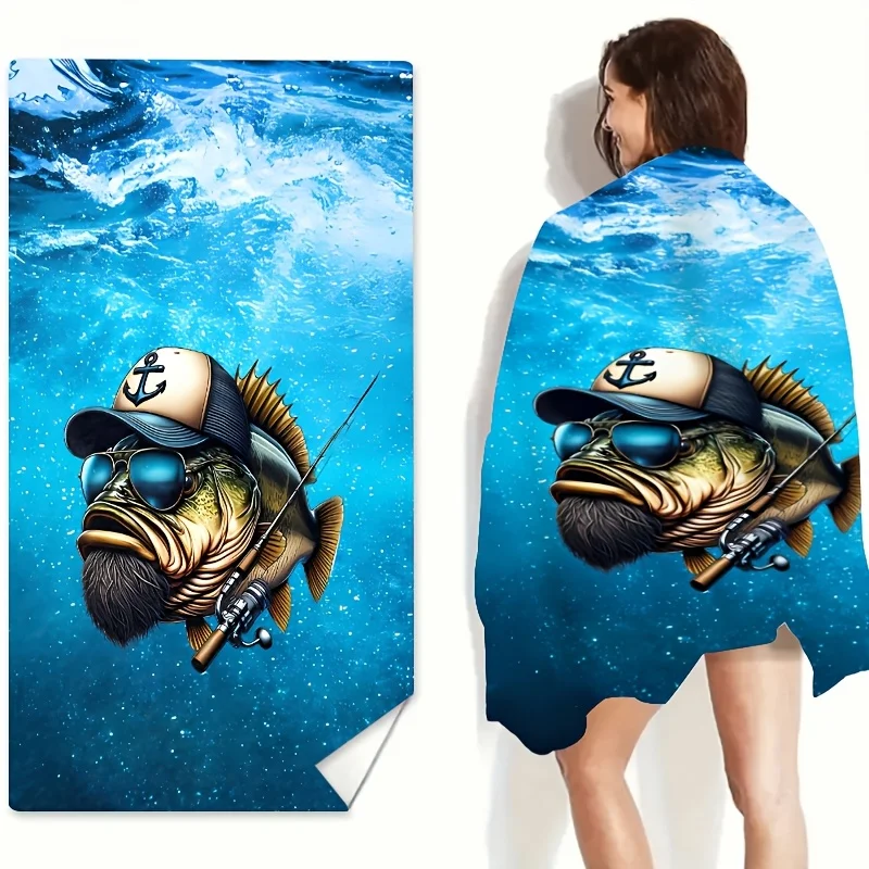 Cartoon Fishing Fish Beach Towel Funny Angler Print Soft Quick-Dry Large Bath Towel for Kids Swim Pool Travel Gift