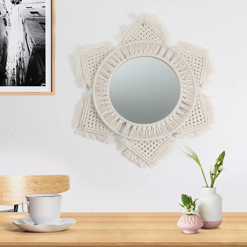 

Boho Cotton Rope Makeup Mirror Handwoven Tassel Decorative Mirror Home Decor Lace Tapestry Kids Room Decoration for Girls Gift