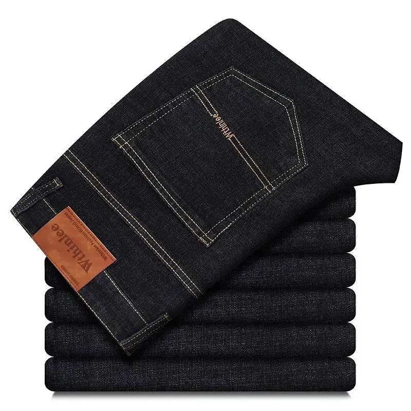 Whinlee hommes classique bleu noir affaires Stretch brodé jean décontracté droit mode travail Denim pantalon marque vêtements