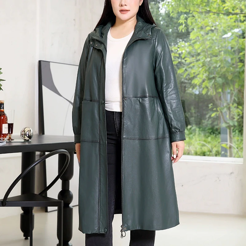 

Large Size Casual Sheepskin Trench Coats 2025 Fall New Women Coffee Long Loose Zipper Hooded 100% Real Leather Overcoat Plus 4XL