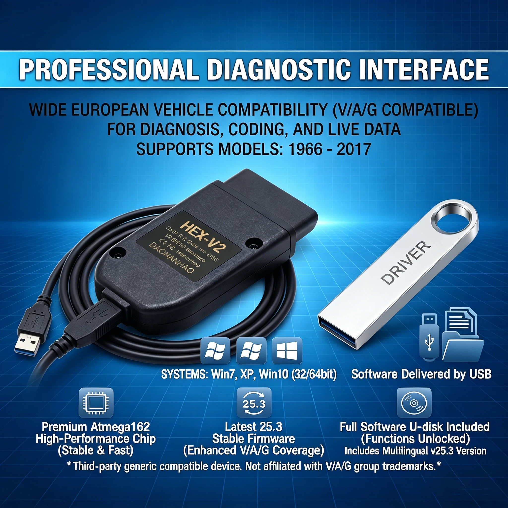 2026 VCDS 25.3 HEX V2 VAG Diagnostic Tool Multi-Language OBD2 Scanner Cable With USB Drive No CD Required