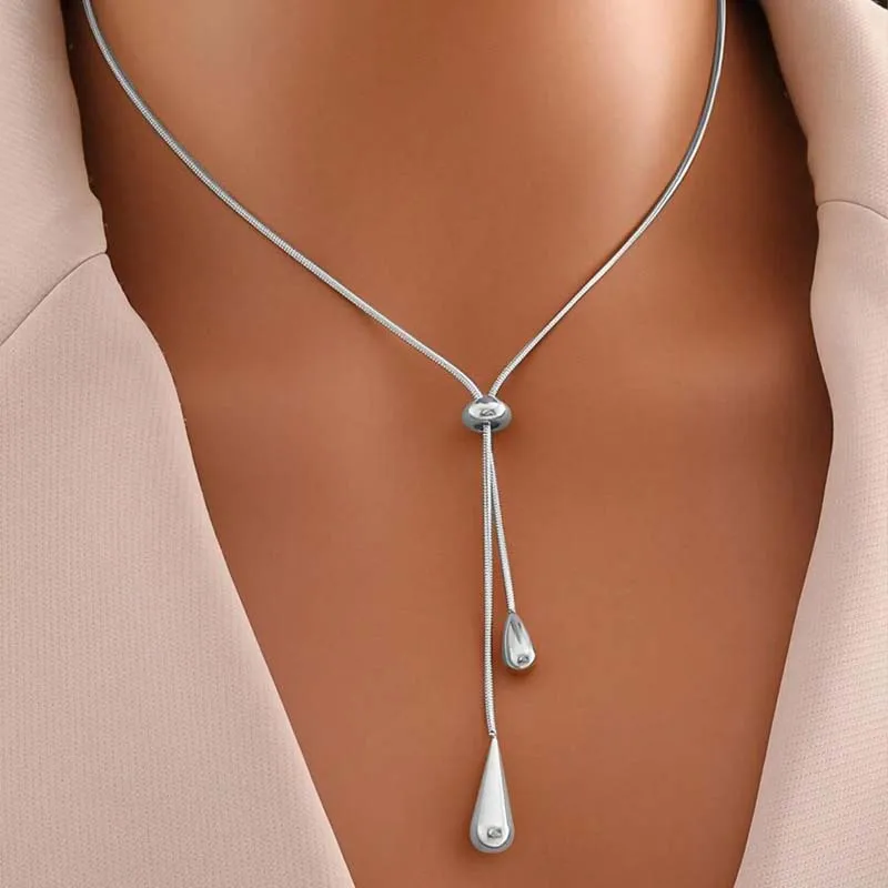 Stainless Steel Pull Adjustable Water Drop Shape Tassel Charm Necklace Fashion Personality High-Grade Jewelry Gifts