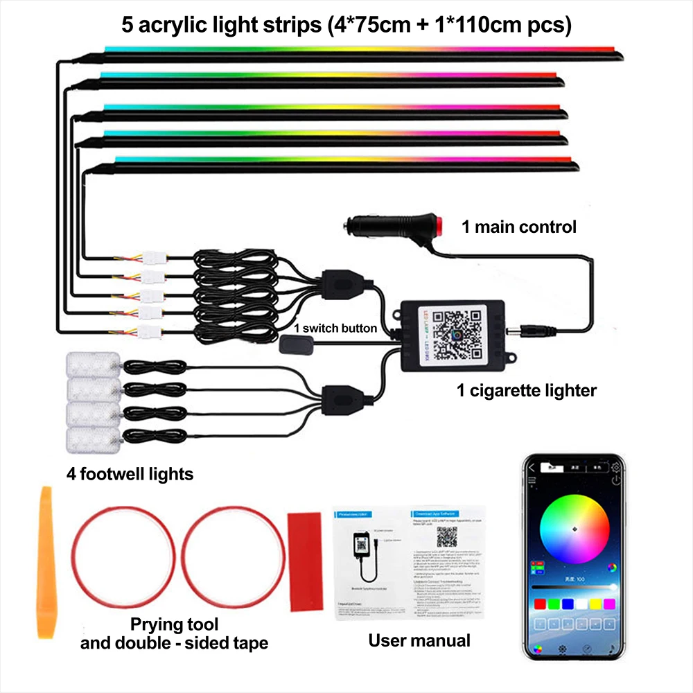 كامل اللون غاسل أضواء السيارة المحيطة RGB 65 اللون العالمي LED الداخلية المخفية الاكريليك RGB قطاع سيمفونية جو مصباح