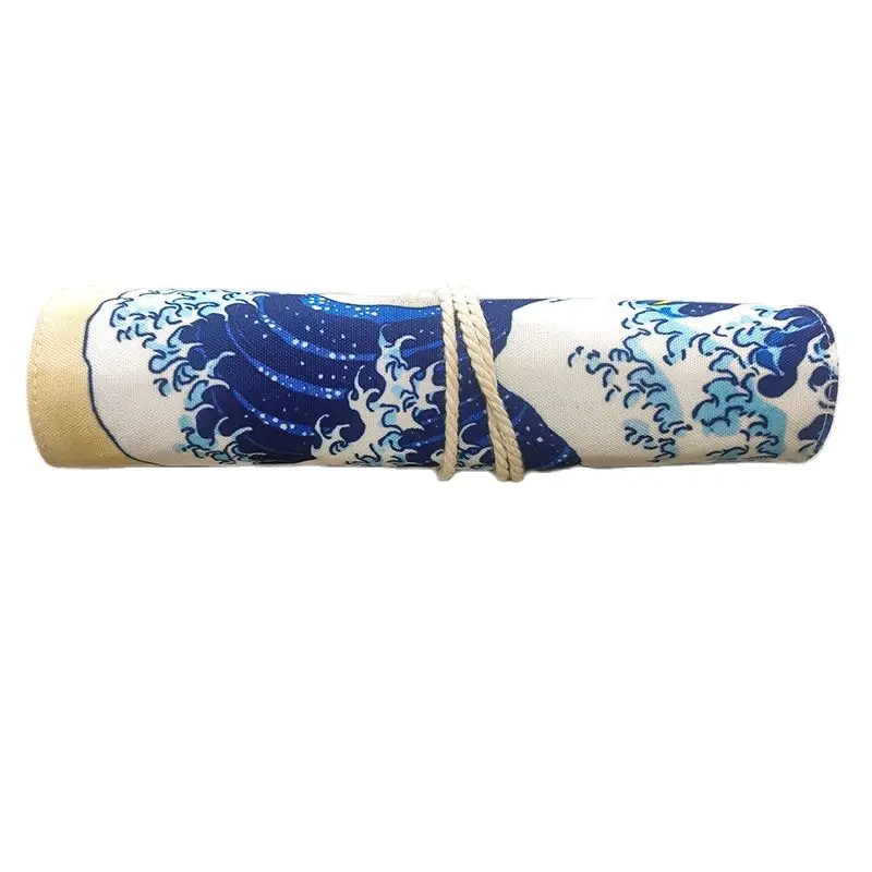 Katsushika Hokusai Ukiyoe World Famous Painting Rolling Pen Case Crayon Fabric Pencil Bag Rollerball Pen Storage Bag