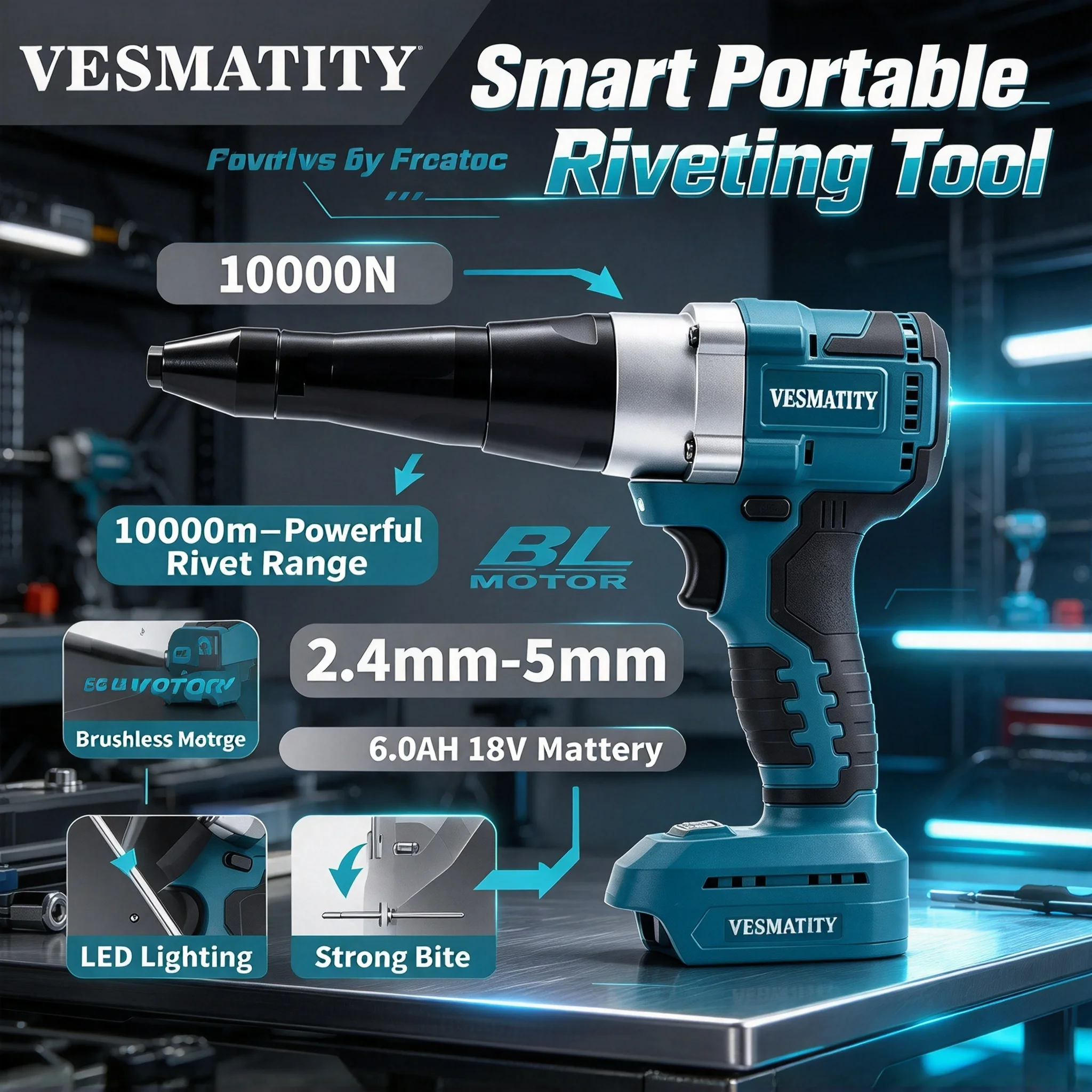 Vesmatity LED Cordless Electric Rivet Gun Multifunctional Rivet Nut Gun Automatic Riveting Brushless Tool 18V Battery Max