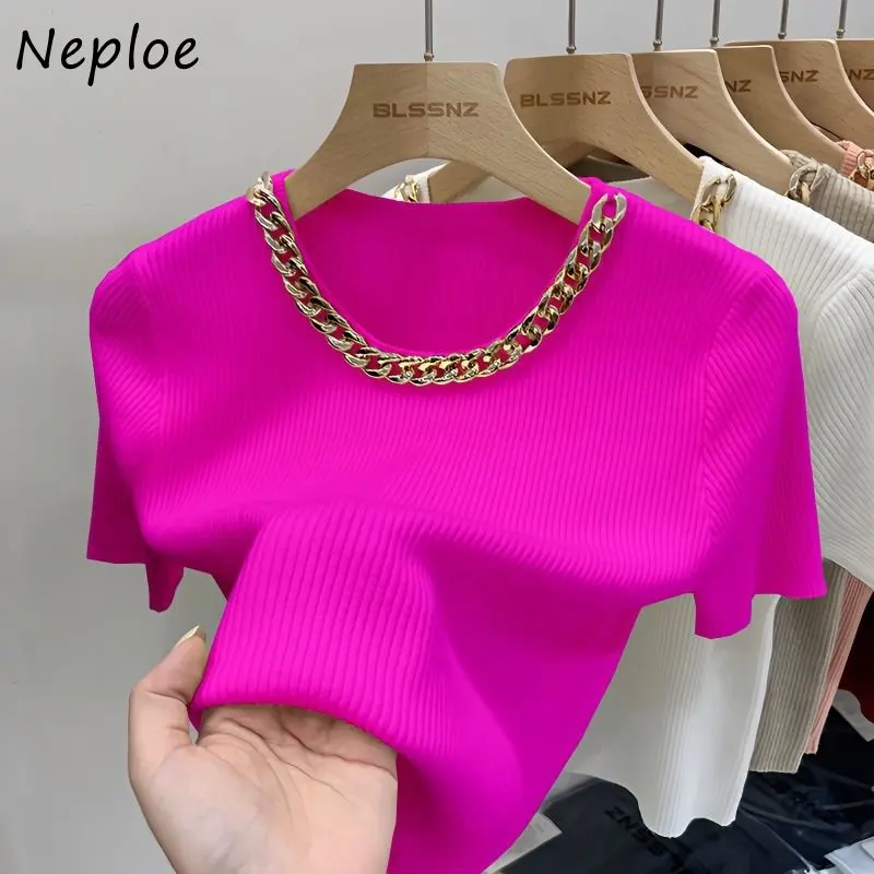 Neploe High End Short Sleeve Knitted T-Shirt 2024 Summer French Office Lady Style Westernized Tops Femme Chic Chain Neck Tees